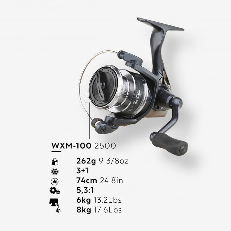 Катушка для рыболовных удилищ серебристая Caperlan WXM 100-2500