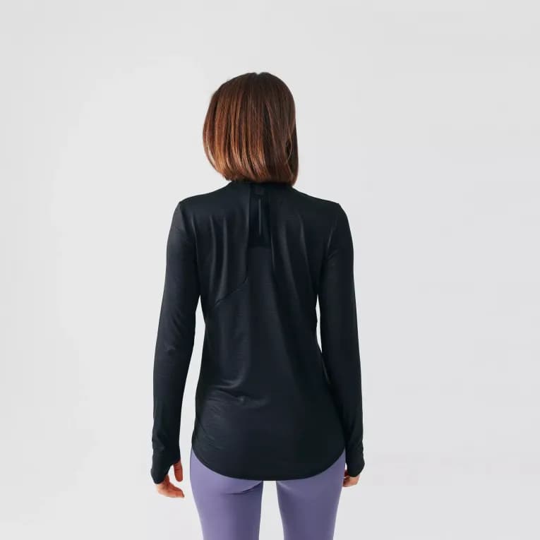 Футболка для бега с длинными рукавами женская черная Kalenji Dry Plus Zip