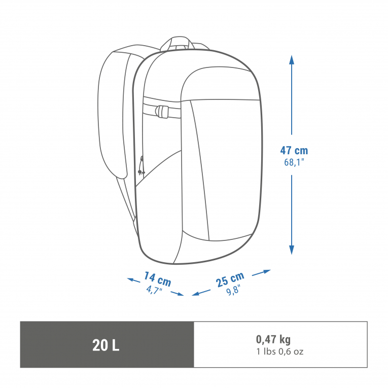 Dimension sac 20l clearance