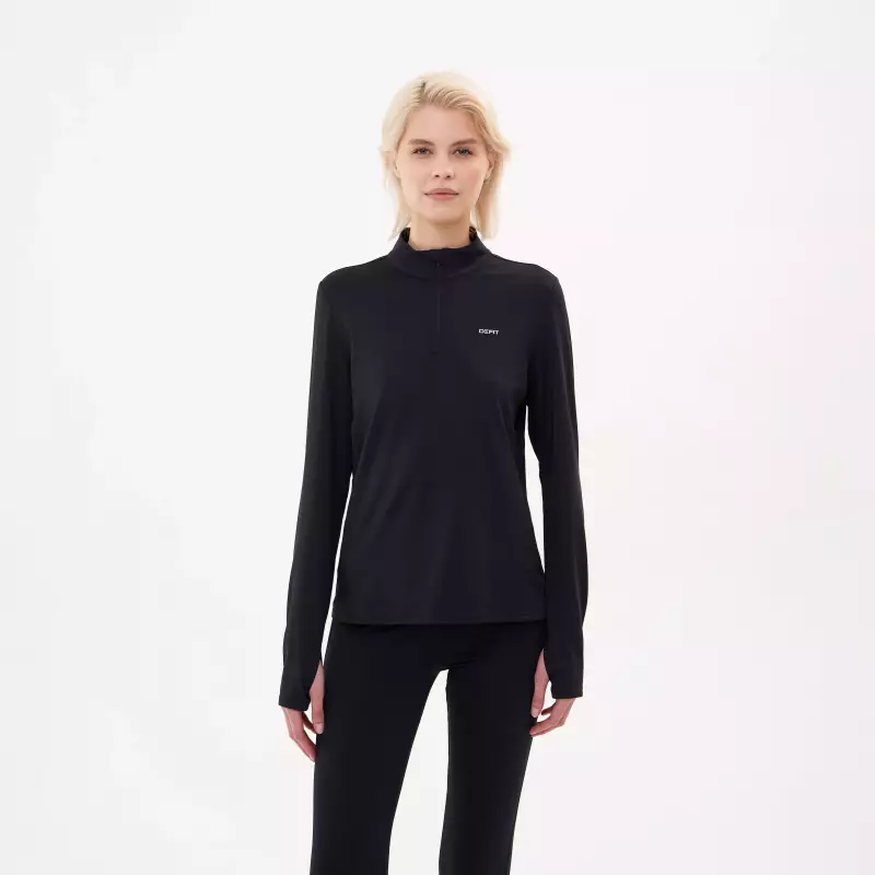 Лонгслив для бега с полумолнией женский черный Defit Run Warm 100